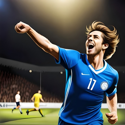 Un futbolista con camiseta azul contento de haber ganado su partido